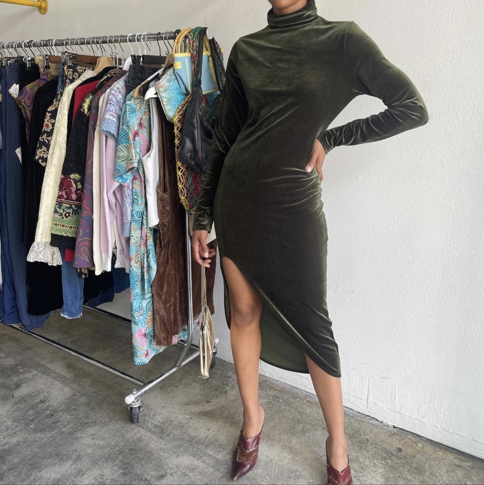 Vintage Hunter Green Velvet Turtleneck Dress
